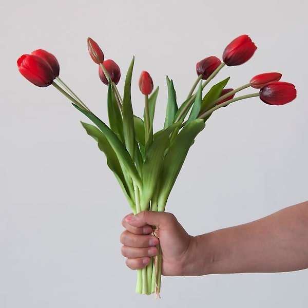 8 stk. kunstige tulipaner, falske tulipaner, PU-latex tulipaner, ægte touch tulipaner, boligindretning, fest, bryllup, rød 3x5x14cm Red