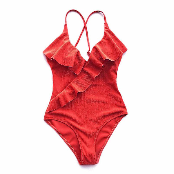 Kvinners En Delte Badedrakt Ruffle Wrap Teksturert Strandbadetøy Badedrakter Red XXL