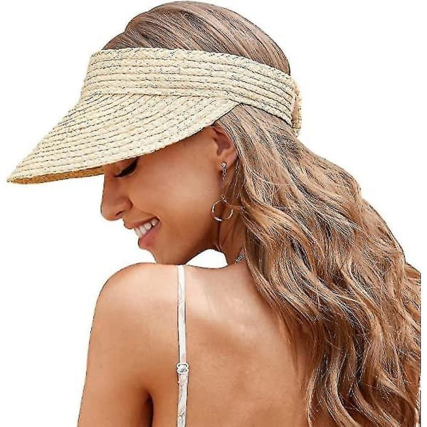 Handgjord vävd raffia halm solskärm hatt tom topp strandmössa