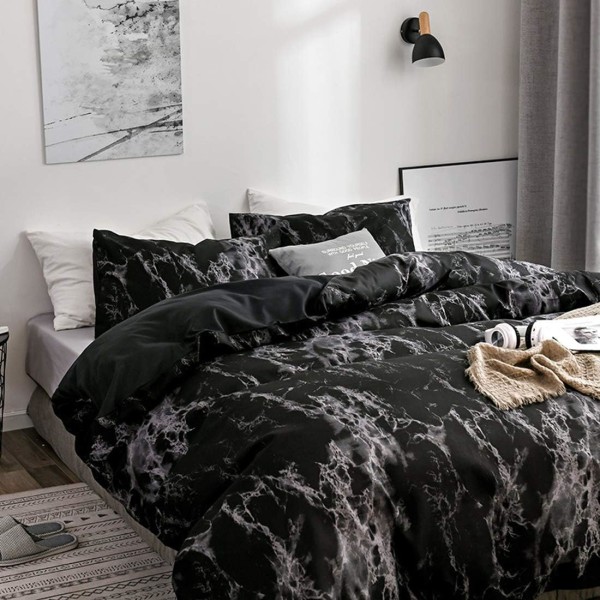 Svart marmor mønster dynetrekk, 3-delt mikrofiber sengetøy