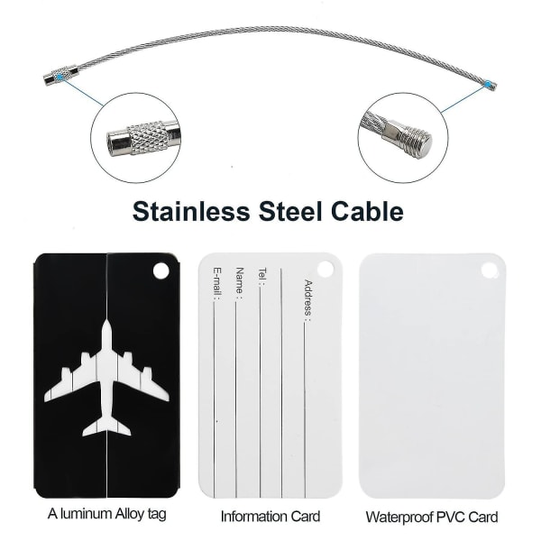 Bagagemærker til kufferter, 6 stk. bagagemærker i aluminiumlegering med stålløkke til rejsebagageidentitet ID-mærker Black