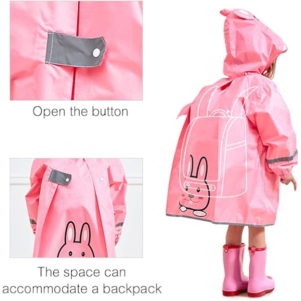Barnponcho, barnponcho med huva, vattentät regnjacka, 3D tecknad barnregnrock, lämplig för flickor pojkar rosa
