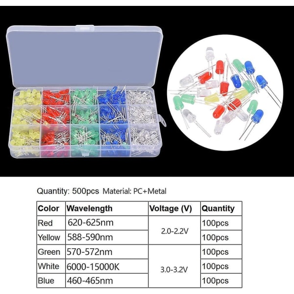 500 stk. 5mm LED lysdioder assorteret sæt 5 farver elektroniske komponenter