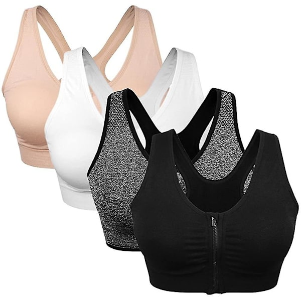 Sport-BH för kvinnor med dragkedja framtill, trådlös BH efter operation, aktiv yoga-BH black white flesh grey 2XL