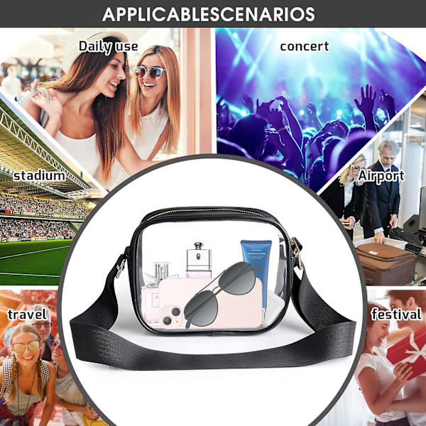 Kirkas laukku stadionille hyväksytty, Momsiv nahkainen läpinäkyvä crossbody-laukku säädettävällä hihnalla Kirkas stadionlaukku konsertteihin ja urheiluun Black