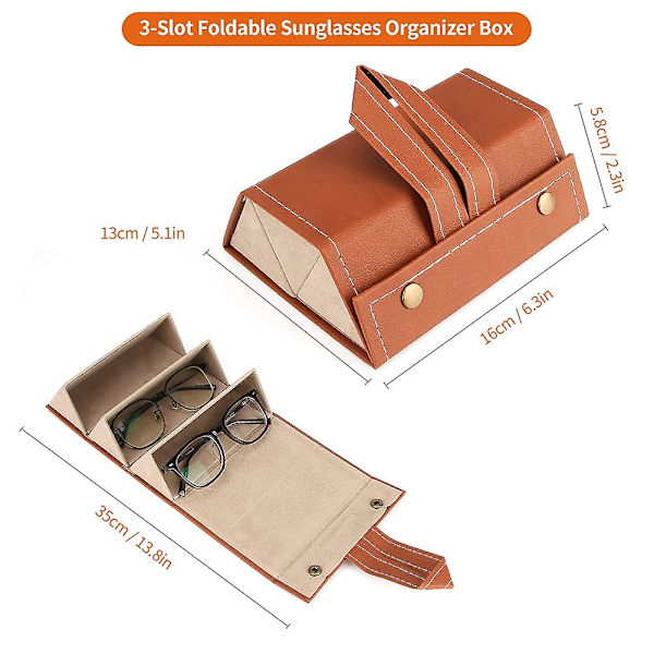 Briller Opbevaringsboks, 3-slot Briller Opbevaringsboks Briller Display Opbevaringsarrangørboks Pu Læder Solbriller Briller Brown
