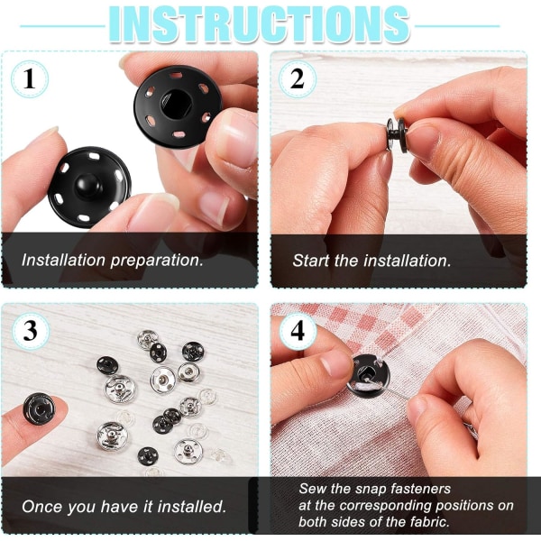 12 sett trykknapper for søm, trykknapper for søm, DIY trykknapper, metalltrykknapper, sølv, svart, for håndverk, klær, veske, håndveske (15 mm)