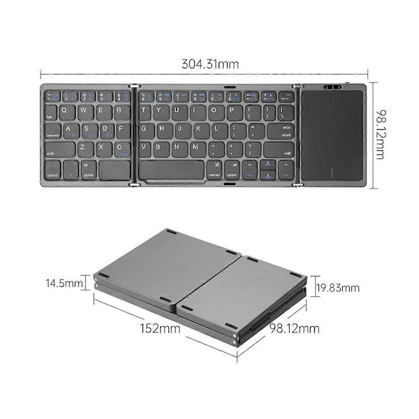 B089T Portabelt Vikbart Tangentbord med Pekplatta Uppladdningsbart Mini Trådlöst Bluetooth-Tangentbord för IOS och , Svart