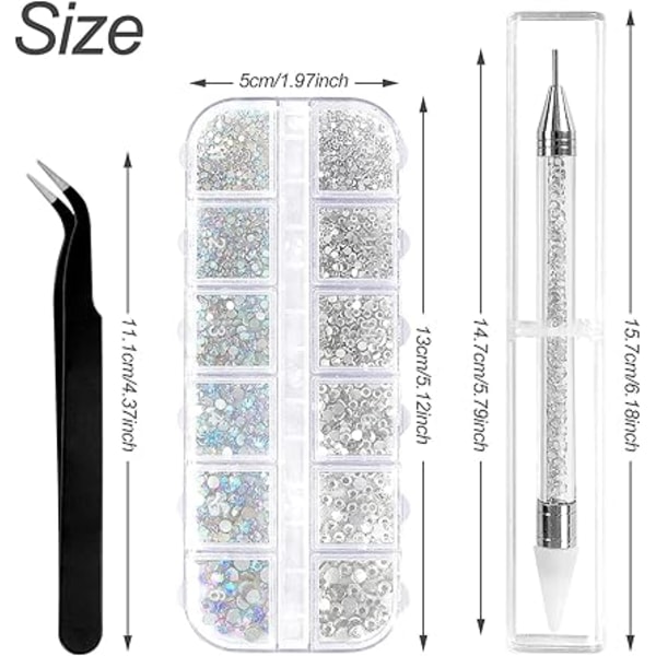 1500 st Nail Art Rhinestones, 6 storlekar Crystal AB Rhinestones Gems, Flat Back Crystal Diamonds, med pincett och prickpenna, för naglar/kläder/ansikte/hantverk