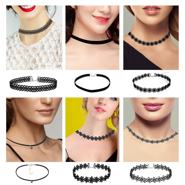 6 kappaletta musta pitsi choker kaulakoru setti sametti choker klassinen choker kaulakoru kerrostetut mustat chokerit kaulakorut söpö