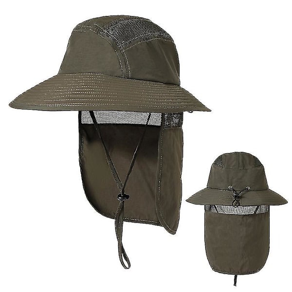 Herre Upf 50+ Solbeskyttelse Cap Bredskygget Fiskerihat Med Nakkeflap Army Green