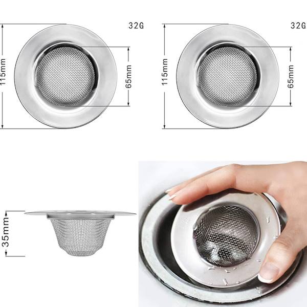 Todelt sæt diameter 115mm vaskefilter til bruser - prop til hår i afløb - køkkenvaskpropper - rustfrit stål net vaskefilter