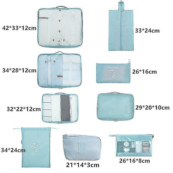 9 st/set reseväska organiser set, bärbara bagageväskor för förvaring av skor och kläder i din resväska Sky Blue
