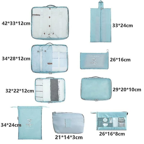 9 stk/sett Reiseorganisatorsett, bærbare bagasjeposer for oppbevaring av sko og klær i kofferten din Sky Blue