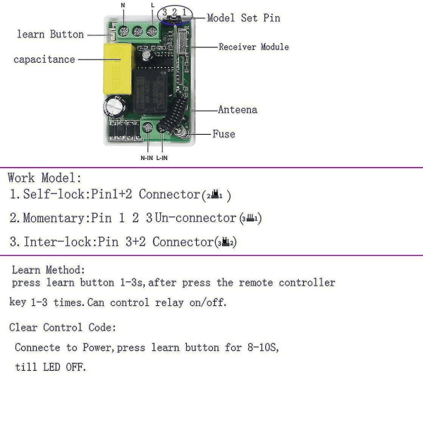 Ac85v-220v 10a 1ch 1 Channel Rf Wireless Remote Control Light Switch Relay Output Radio Receiver Mod