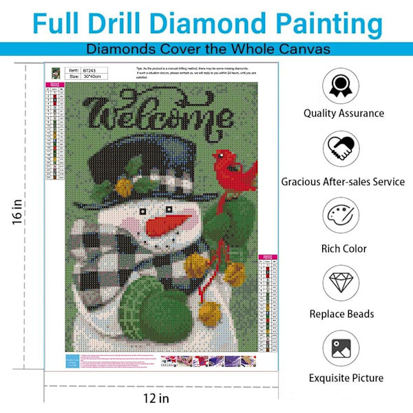 Diamantmaleri-sæt til voksne, julediamantkunst-sæt, grøn baggrund snemand 5D DIY fuld diamant prikker gave vægindretning ædelstenskunst 12x16 tommer