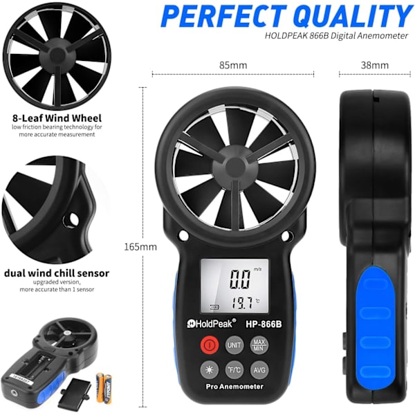 866B Digital Anemometer Håndholdt Anemometer til måling af vindhastighed, temperatur og vindafkøling med baggrundsbelysning og maks./min.