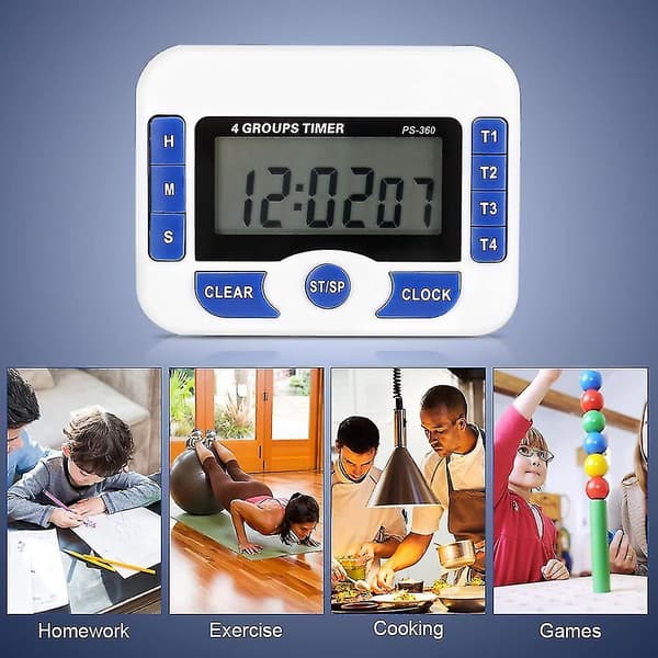 Digital 4-kanals oberoende grupp magnetisk köksklocka med timer och nedräkningstimer Chrono väckarklocka