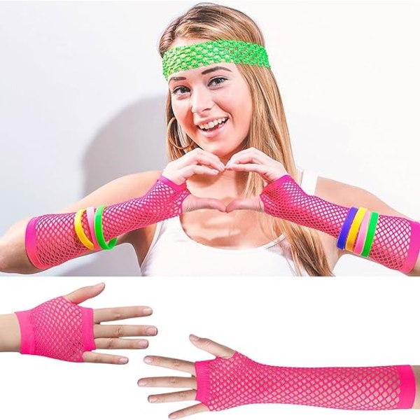 2 par lange og korte fiskenet handsker (rose) Fingerless fiskenet handsker Mesh handsker 80'er fiskenet handsker Handsker til 80'er fancy dress tilbehør