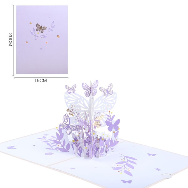 1 Ystävänpäivä kolmiulotteinen onnittelukortti perhonen ja kukkakori siunaus 3D paperiveistos lahja postikortti paperiveistos, violetti