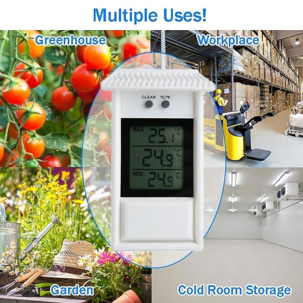 Digital Max Min drivhustermometer for innendørs eller utendørs bruk, enkelt veggmontert i hvitt