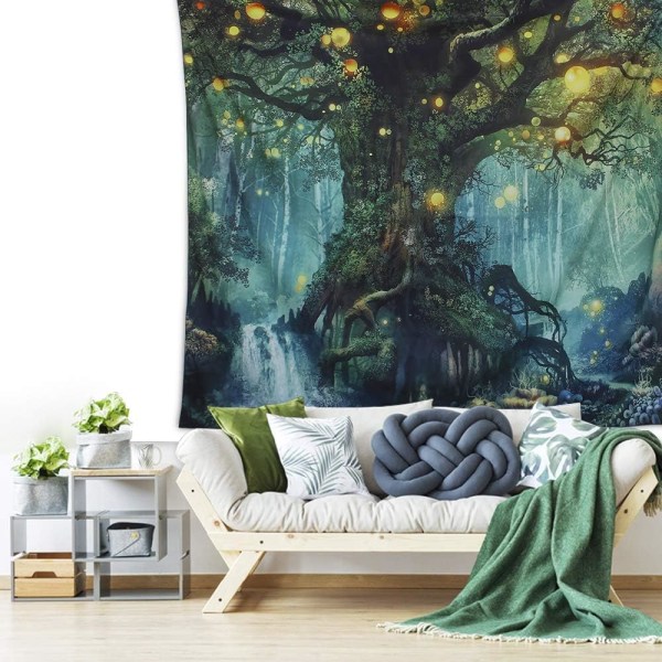 1 PC Forest Tapestry, Nature Tree Popular Elves Wall Hanging Tapestry Warm Green Beach Blanket Large-79x 59 in