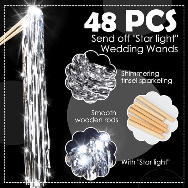 48 stk. Lysende Bryllupsstaver LED Glitter Bryllupsstaver Lysende Bryllupsstreamere for Bryllupsavslutning Silvery