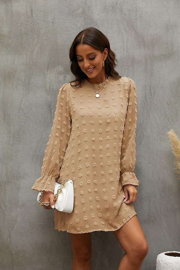 Bubble Langærmet Chiffon Jacquard Bundkjole Khaki L
