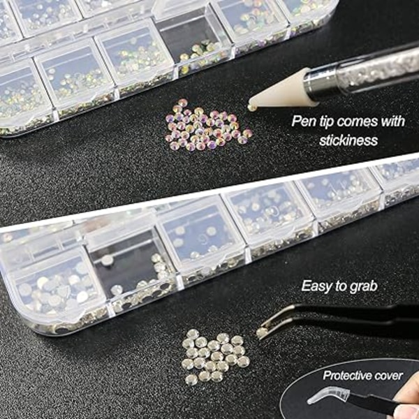 1500 st Nail Art Rhinestones, 6 storlekar Crystal AB Rhinestones Gems, Flat Back Crystal Diamonds, med pincett och prickpenna, för naglar/kläder/ansikte/hantverk