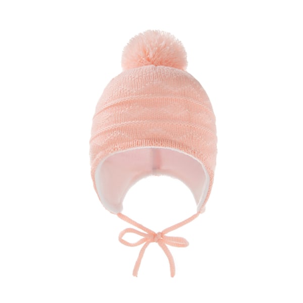 Children's ear protection cap solid colour fur ball plus fleece striped baby knitted wool cap  pink