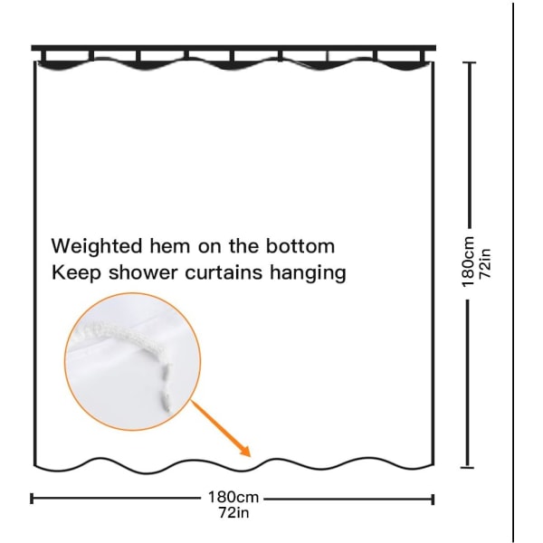 Dusjforheng vanntett og muggsikkert polyesterstoff dusjforheng maskinvaskbar med baderomskrok 180x180 cm