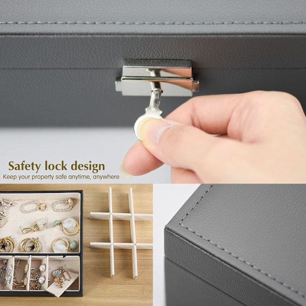 Dam Läder Smyckeskrin Original Rektangulär Läder Smyckeskrin Två Lager Resa Smyckesförvaring Box med Lås för Ringar Örhängen Armband