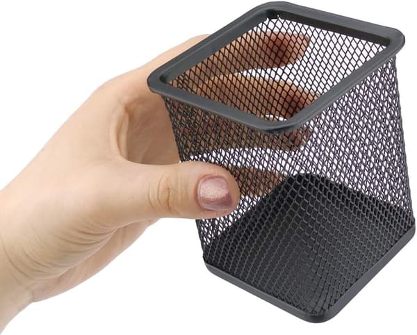 Firkantet metal blyantholder | Metal terning penneholder | Multifunktion mesh kuglepen kop sort