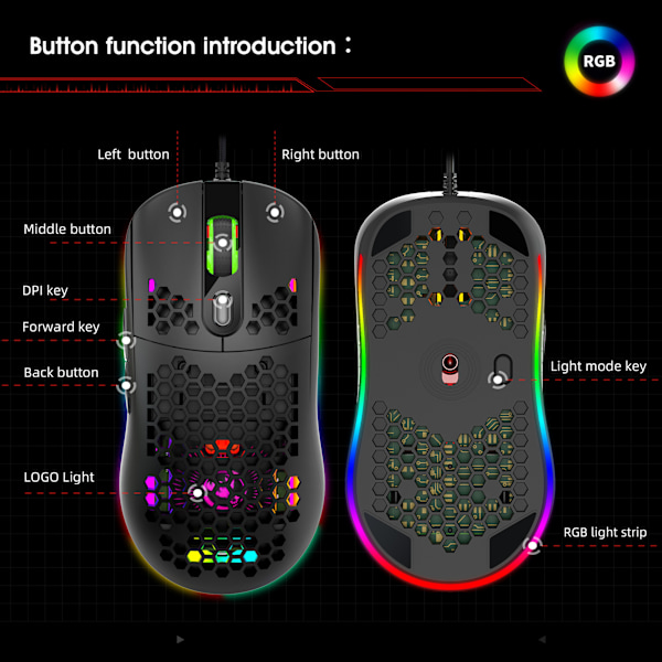 X600 RGB lysende makro programmeringsspilmus 6 taster kan slukke lyset Understøtter forskellige spil kablet mus