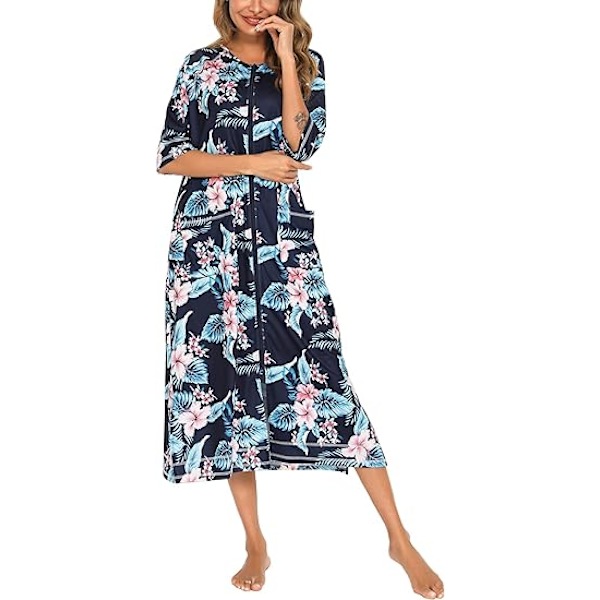 Painettu naisten mekko vetoketjullinen etutoimisto takki 3/4 hiha pyjama koko pituus naisten rento mekko taskuilla S-XXL