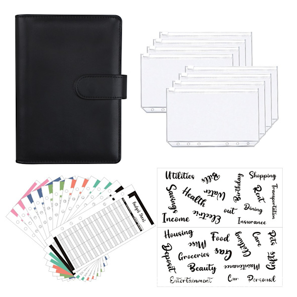 A6 Binder Budget Planner Notebook Covers Folder Størrelse 6 Hul Lommer Plast Lynlås Pengebesparende Kuvert sort