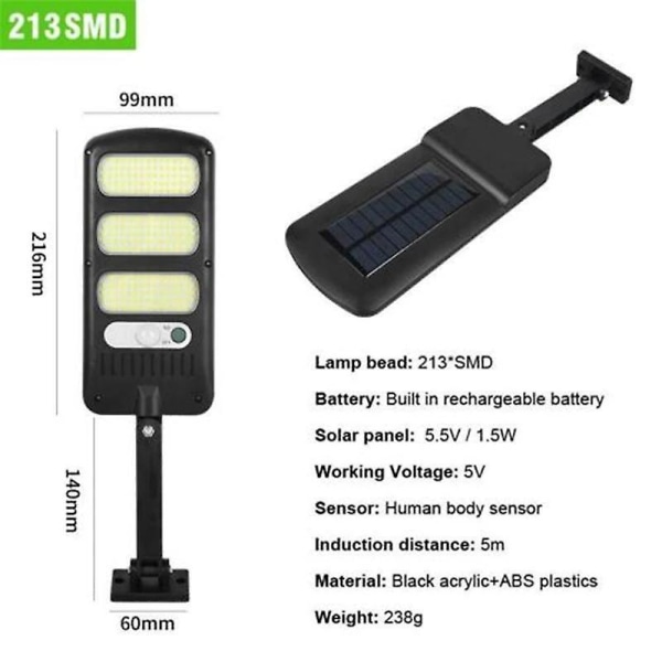 Solcelle gatelys 213led sikkerhetssol bevegelsessensorlys for hage, gate, uteplass, sti, gårdsplass