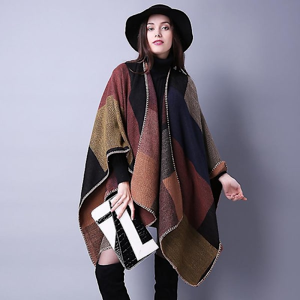 Dames Vinter Reversible Oversized Tæppe Poncho Cape Sjal Cardigansrød