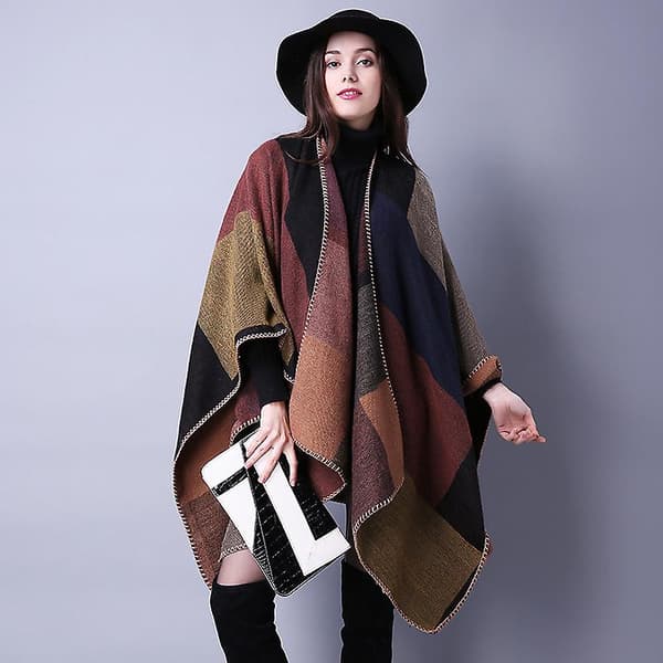 Kvinners Vinter Reversible Oversized Teppe Poncho Cape Sjal Cardigansrød