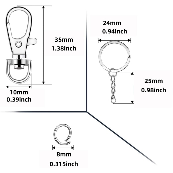 100 stk. 50 sølv hundespænde + 50 nøgle flad ring legering drejelige karabinhager roterende nøglering masse DIY, smykketilbehør, tasker, nøgler, håndværk