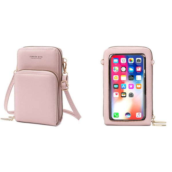 (Rosa) Crossbody-veske for mobiltelefon Kvinner Touch Screen-veske PU-lær Clutch-lommebok Dame Kortlomme med skulderstropp og håndleddsstropp