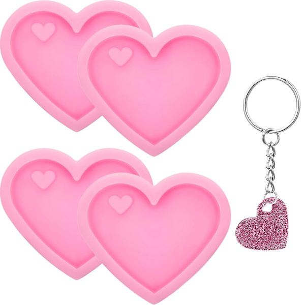 4 stk. Valentinsdag Hjerteformet Kærlighed Nøglering Silikonform Med Hul Chokolade Slikform Silikon Fondant Bageform