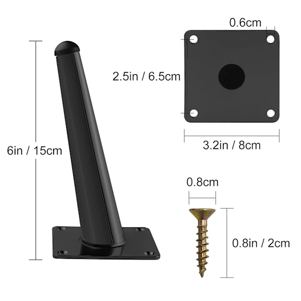 Metal møbelsofaben 15cm sorte ben til møbler skrå kegleformede møbler udskiftningsfødder med skruer til bordskabssengskab 15cm Black