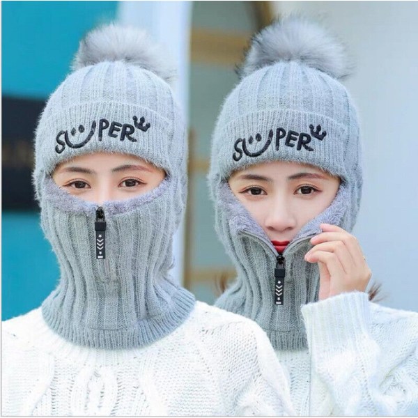 Women's Women's Winter Beanie One Piece Scarf Collar Warm Windproof Knitted Hat Fleece Hat, Gray