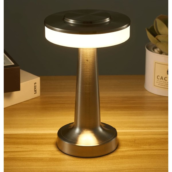 Touch bärbar sladdlös bordslampa 3-nivås touch-dimmer inbyggd USB -batteriport sovrum sänglampa bar atmosfär lampa bord silver