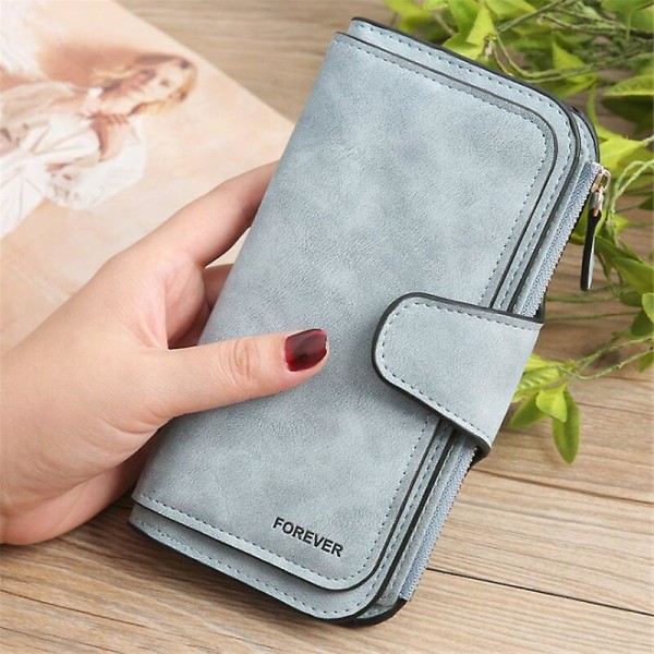 Damepung i PU-læder, trefoldet, lang, stor kapacitet, damepung, kreditkort, clutch, organizer Blue