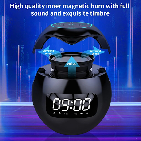 Bluetooth 5.0 -yhteensopiva kaiutin LED-digitaalisella herätyskellolla, musiikkisoittimella, langaton pallomainen kellokaiutin, mini BT-kaiutin