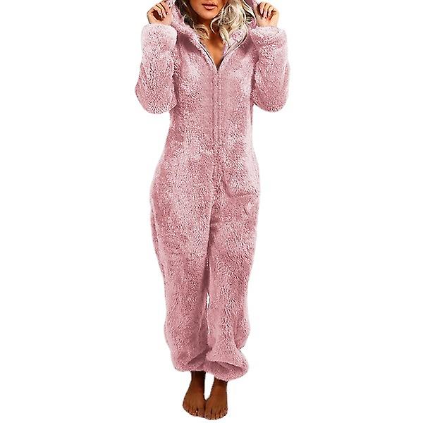 Dam vinter fluffig fleece huvtröja all in one jumpsuit Skin Pink XL