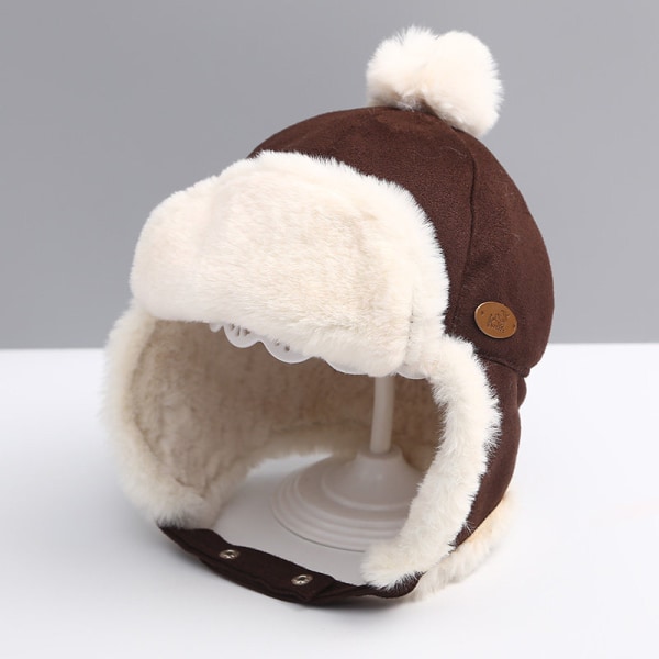 Vinter Baby Hat Plush Lei Feng Barnas Semsket Ørebeskyttelseslue Mote Varm Lue for Gutter Baby Hår Ball Cap, Kaffe