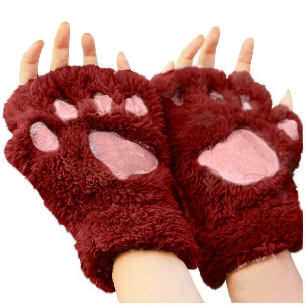 Kvinnor Tjej Cat Claw Paw Handskar Vinterplysch Half Finger Fingerless Varma vantar